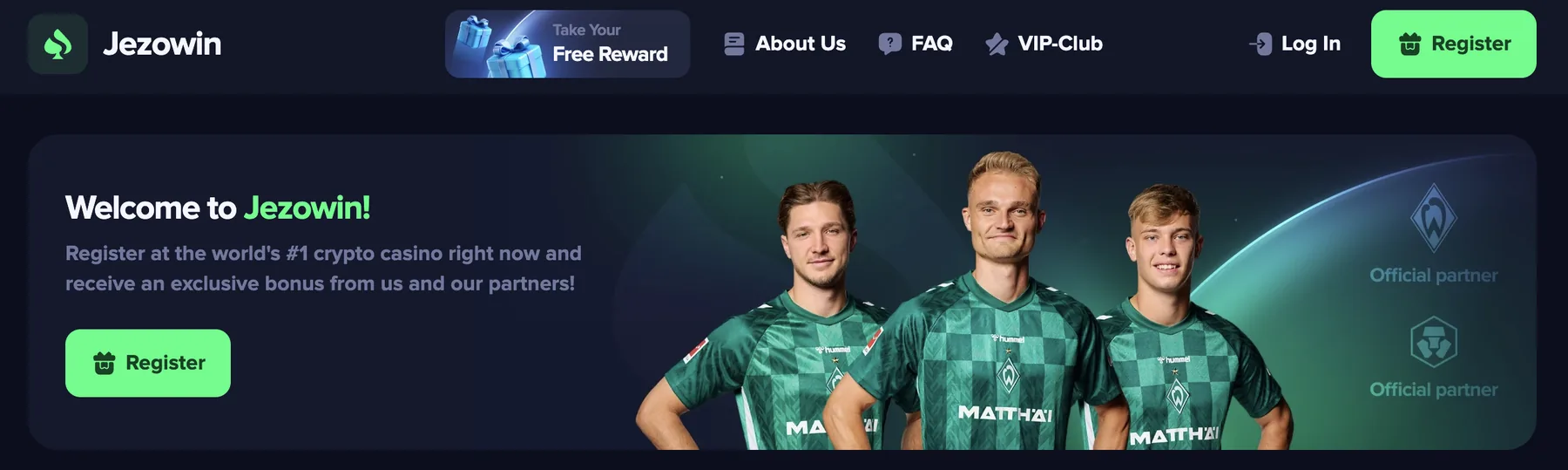Jezowin's homepage calling itself the world's number one crypto casino next to Official partner badges