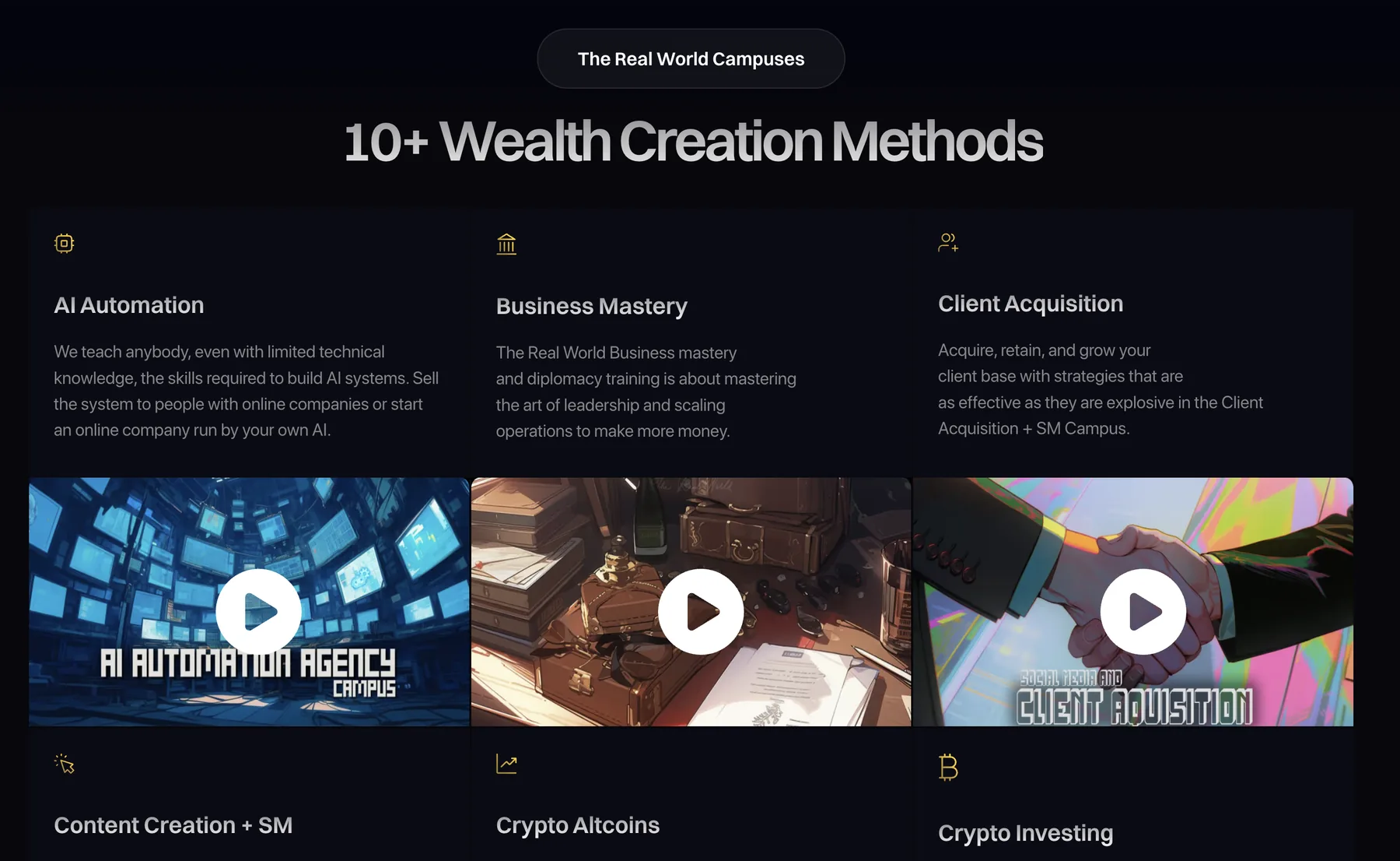 The Real World campuses screen listing wealth-creation methods like AI Automation, Business Mastery, and Client Acquisition